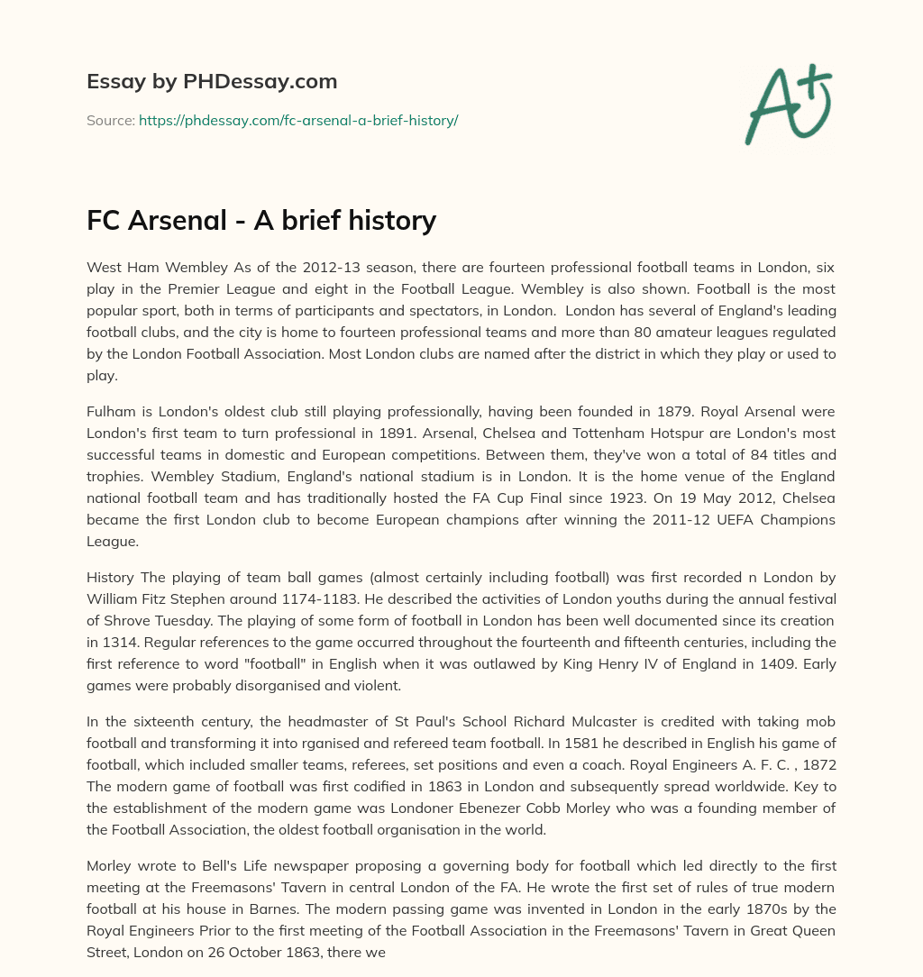 FC Arsenal – A brief history essay
