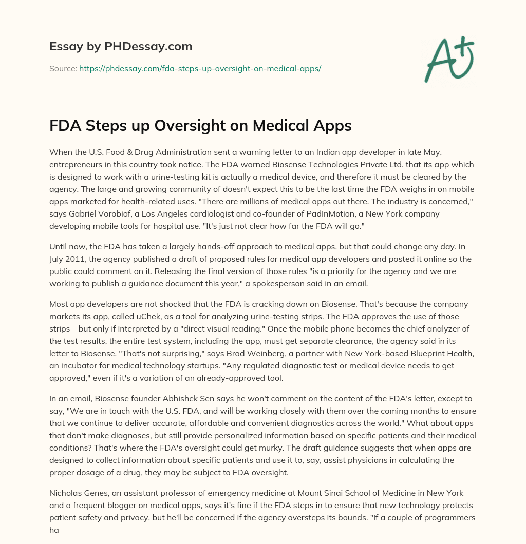 FDA Steps up Oversight on Medical Apps essay