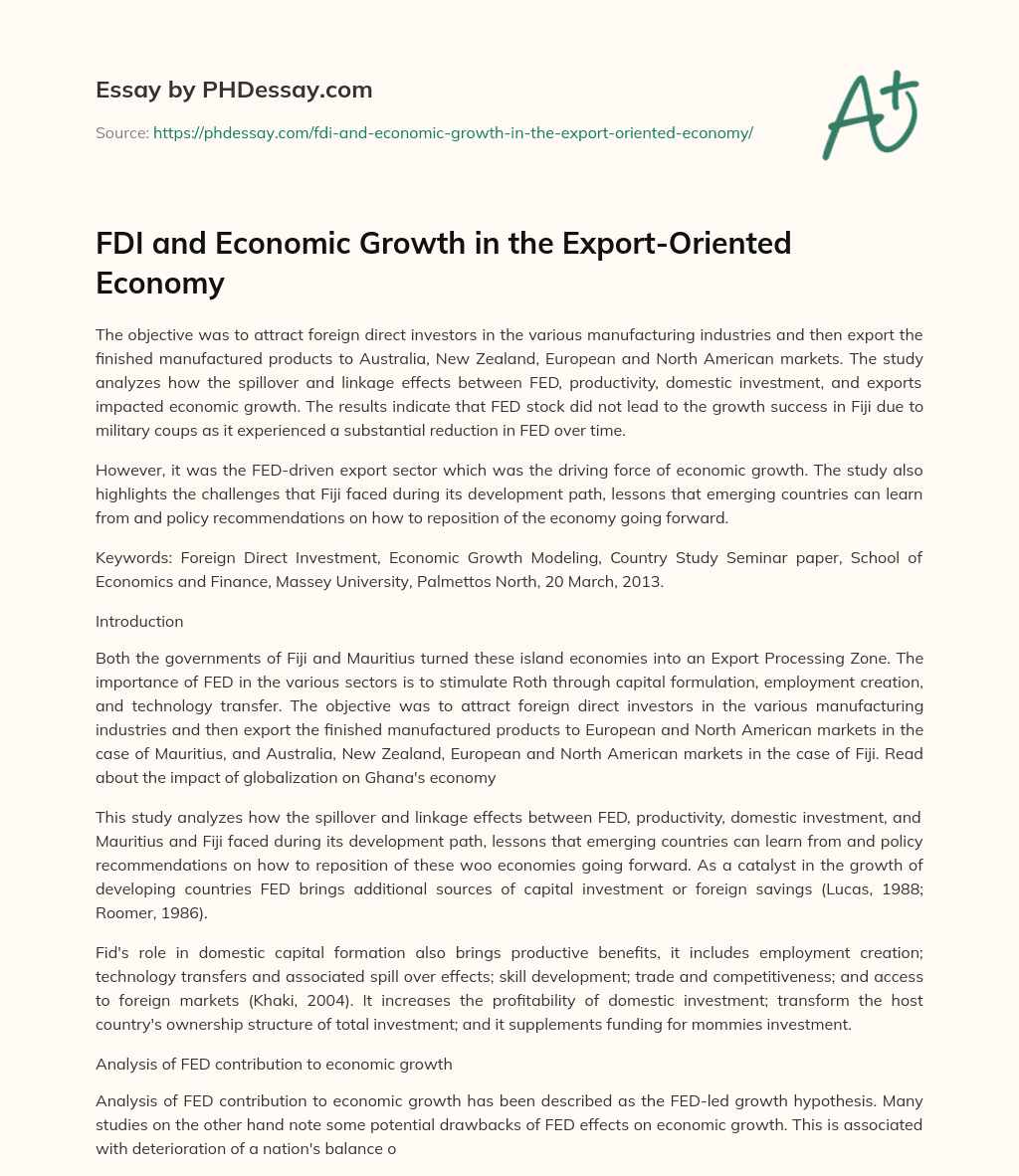 FDI and Economic Growth in the Export-Oriented Economy essay