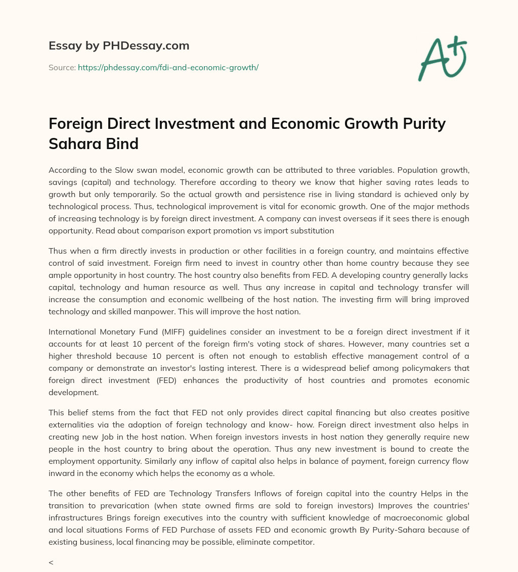 Foreign Direct Investment and Economic Growth Purity Sahara Bind essay