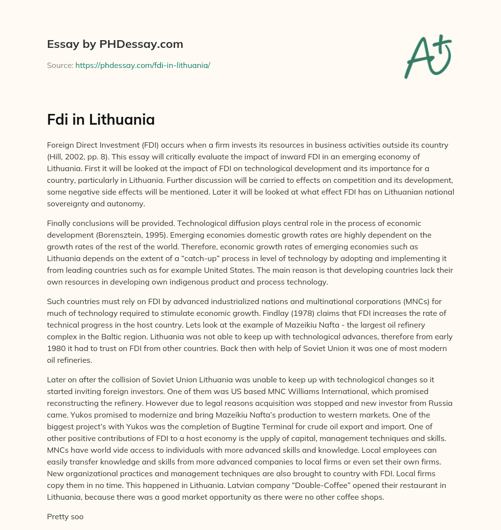 Foreign Direct Investment in Lithuania essay