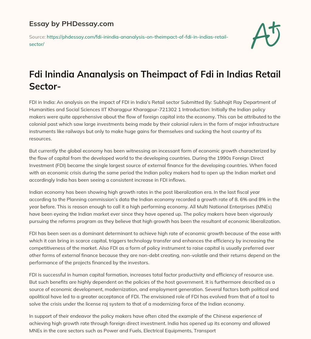 Fdi Inindia Ananalysis on Theimpact of Fdi in Indias Retail Sector- essay