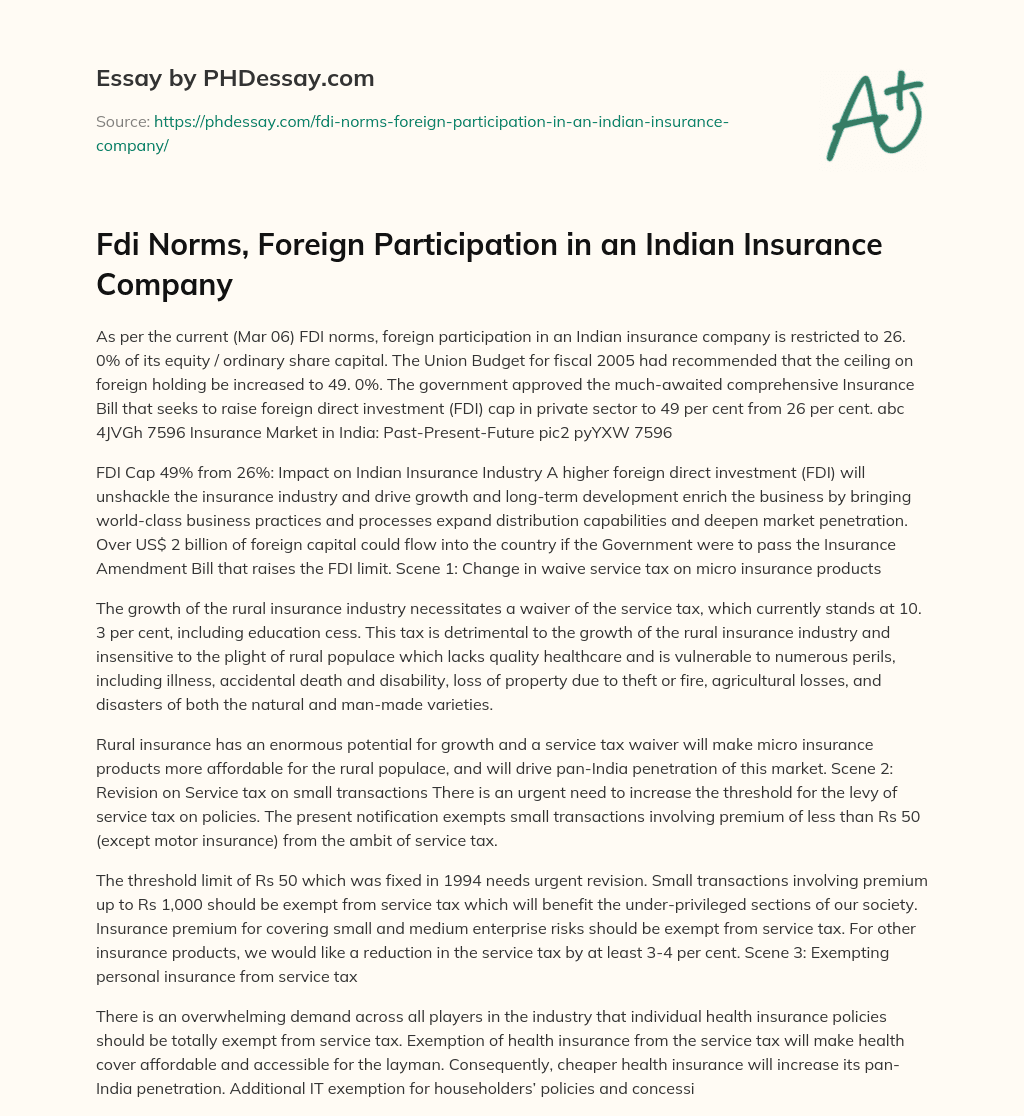 Fdi Norms, Foreign Participation in an Indian Insurance Company essay