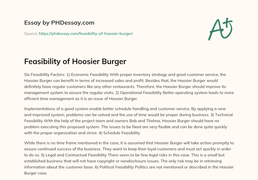 Feasibility of Hoosier Burger essay