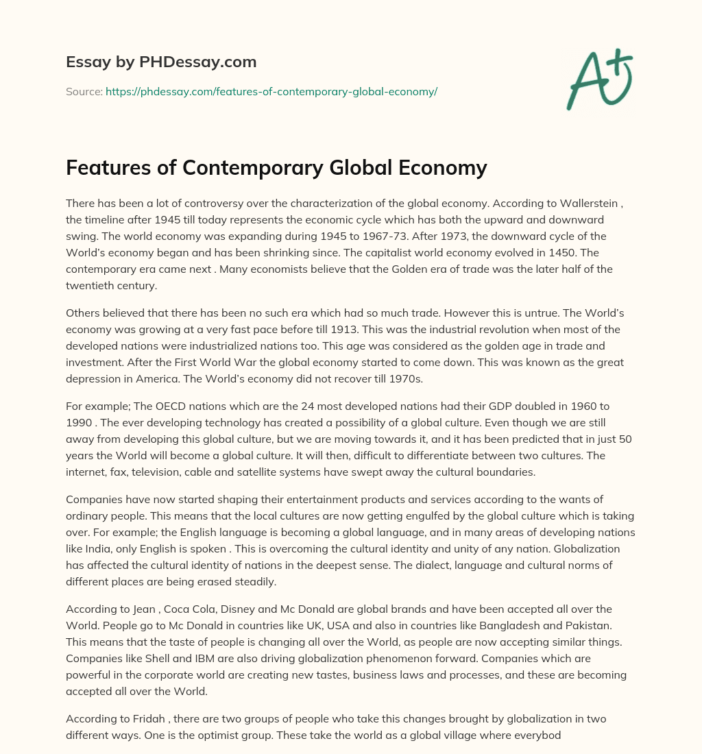 Features of Contemporary Global Economy essay