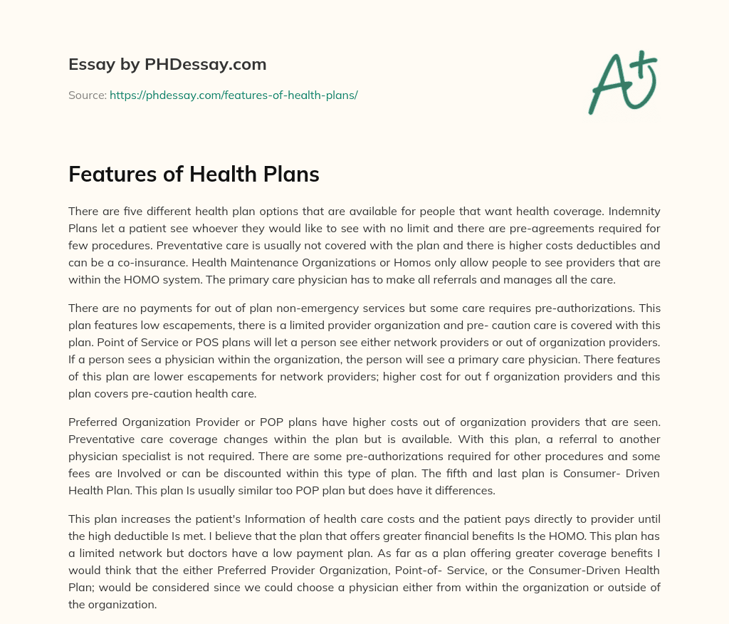 Features of Health Plans essay