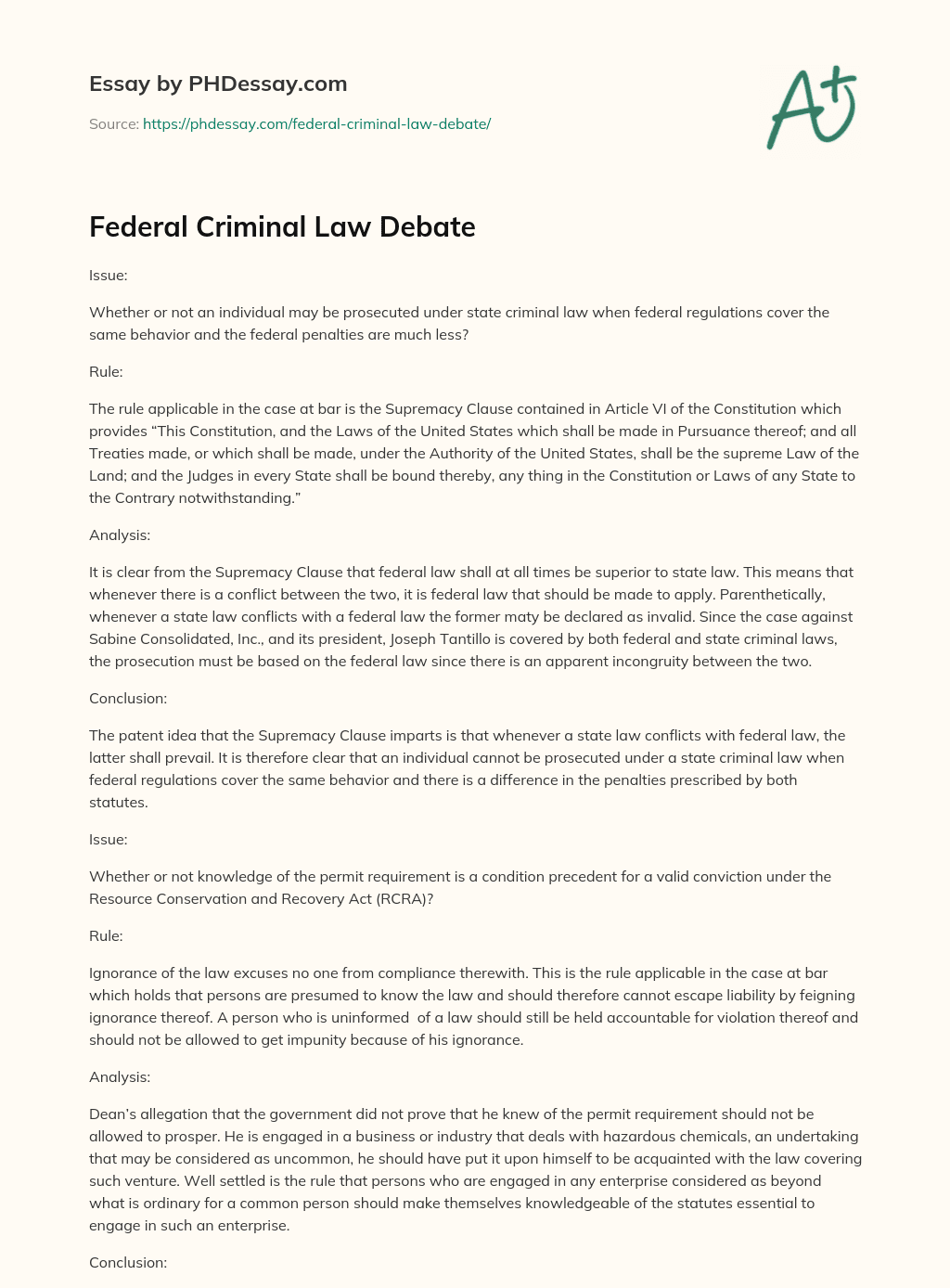 Federal Criminal Law Debate essay