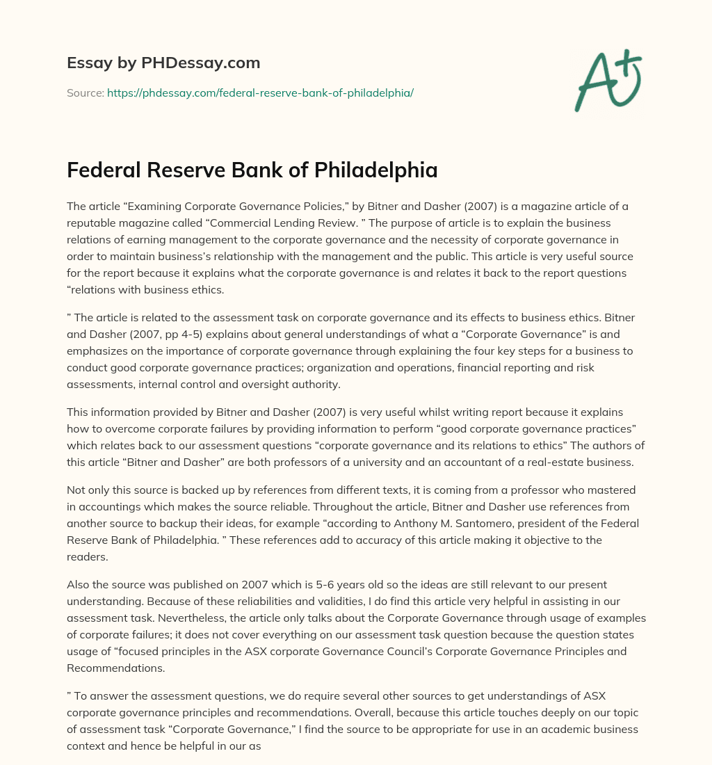 Federal Reserve Bank of Philadelphia essay