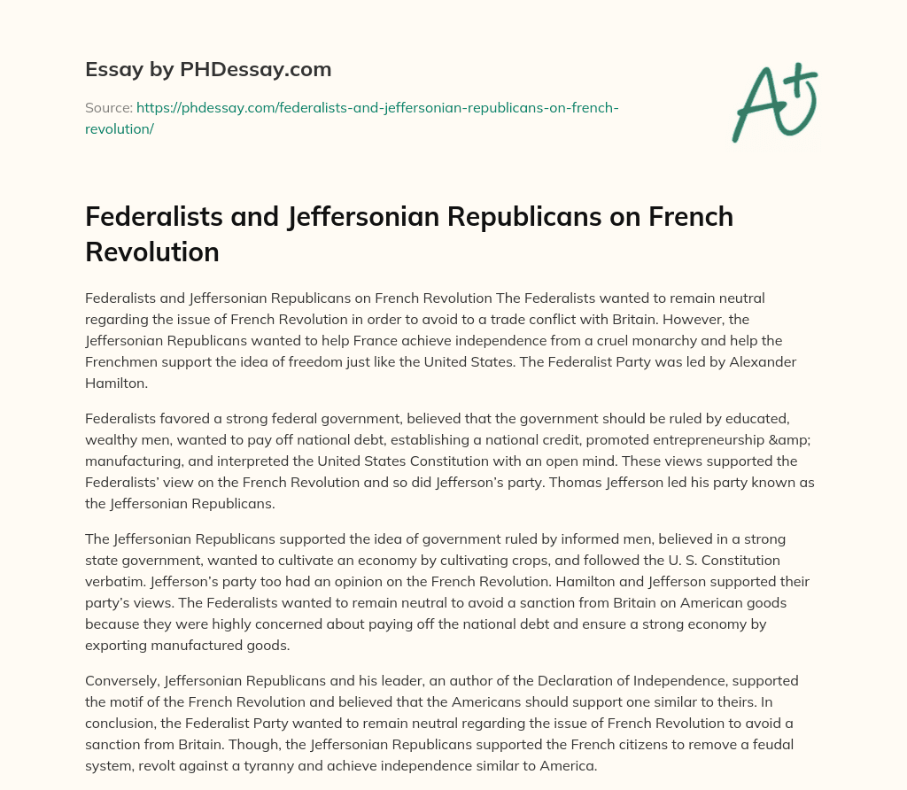 Federalists and Jeffersonian Republicans on French Revolution essay