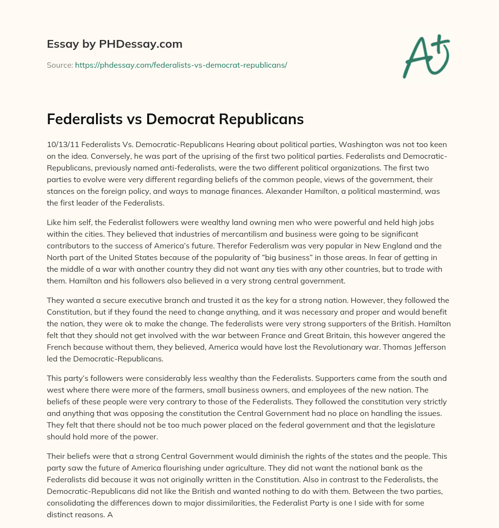 Federalists vs Democrat Republicans essay