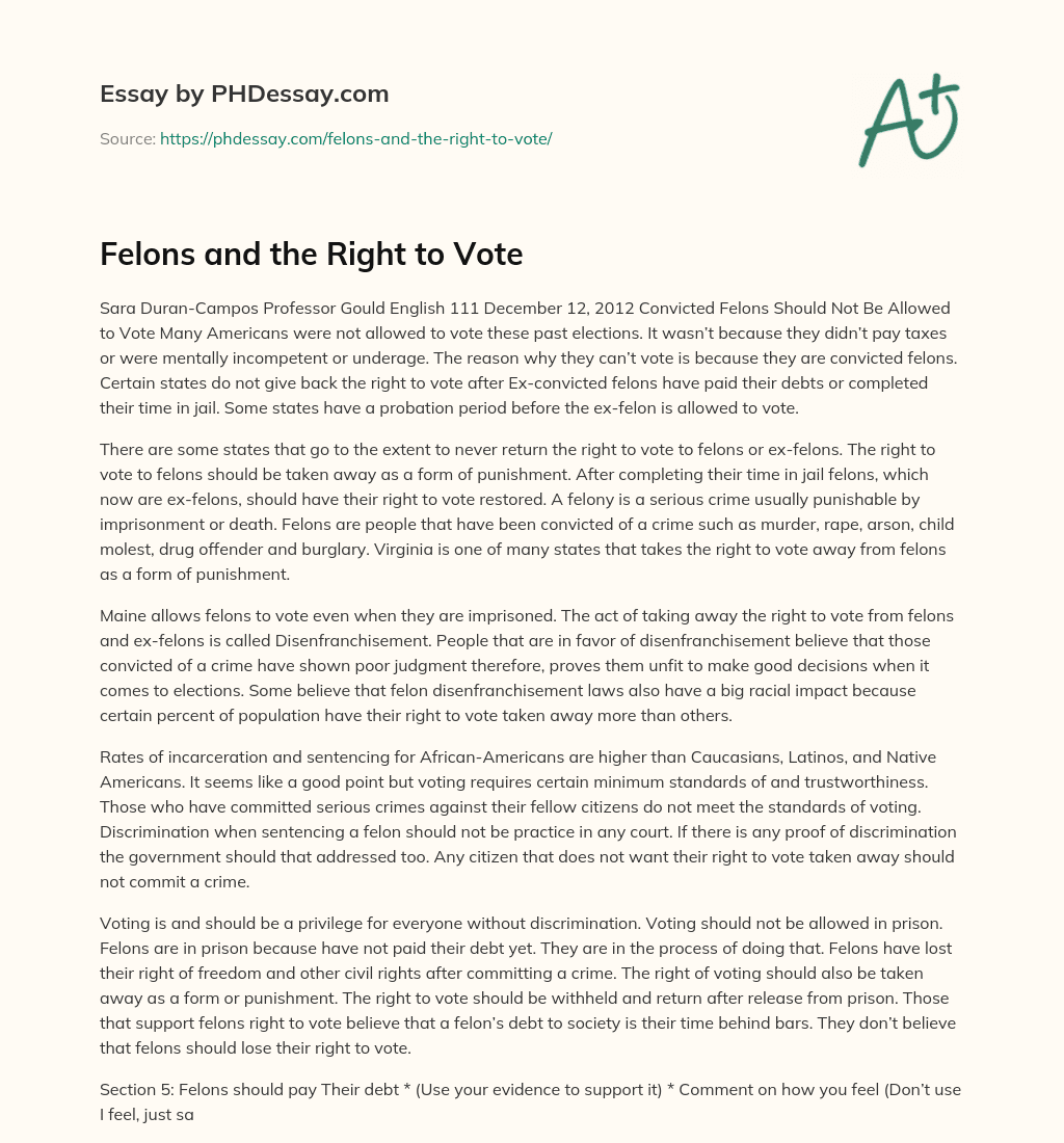 Felons And The Right To Vote Essay Example - PHDessay.com