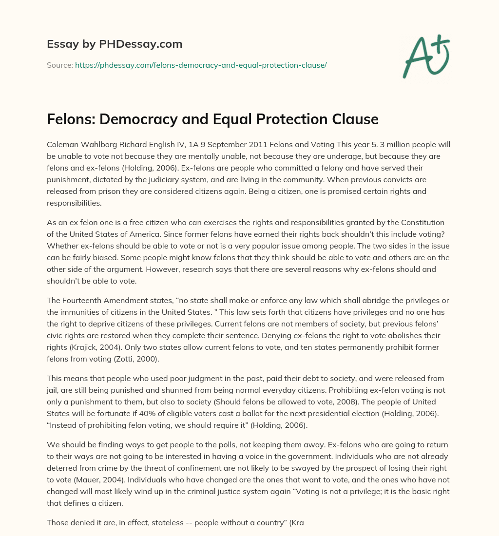 Felons: Democracy and Equal Protection Clause essay
