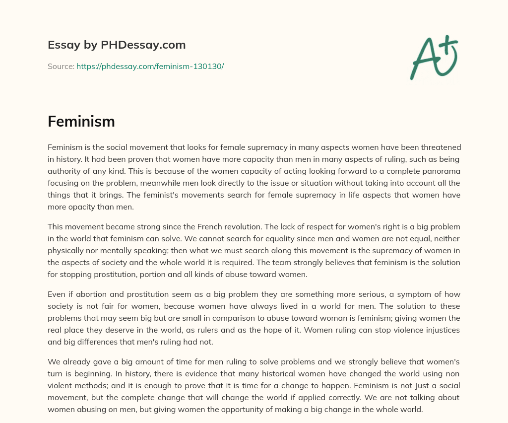 Feminism: Seeking Female Supremacy in Aspects of Society and the World essay