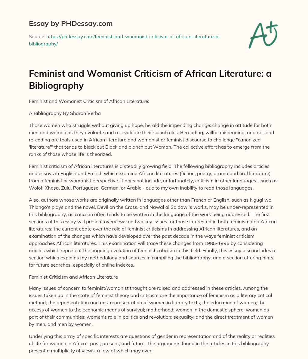 Feminist and Womanist Criticism of African Literature: a Bibliography essay