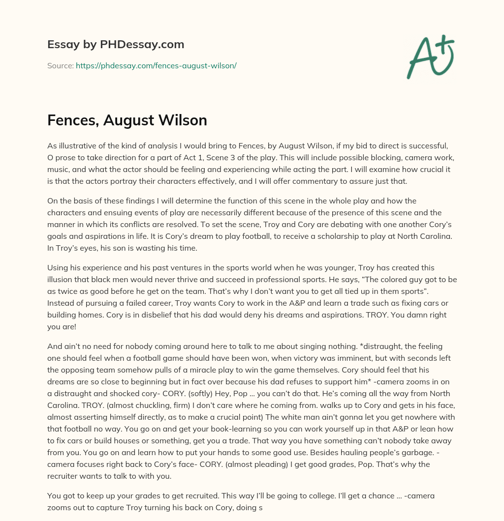 Fences, August Wilson essay