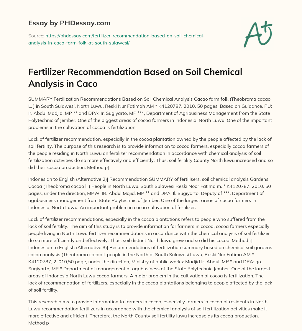 Fertilizer Recommendation Based on Soil Chemical Analysis in Caco essay