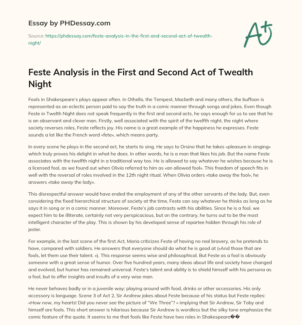 Feste Analysis in the First and Second Act of Twealth Night essay