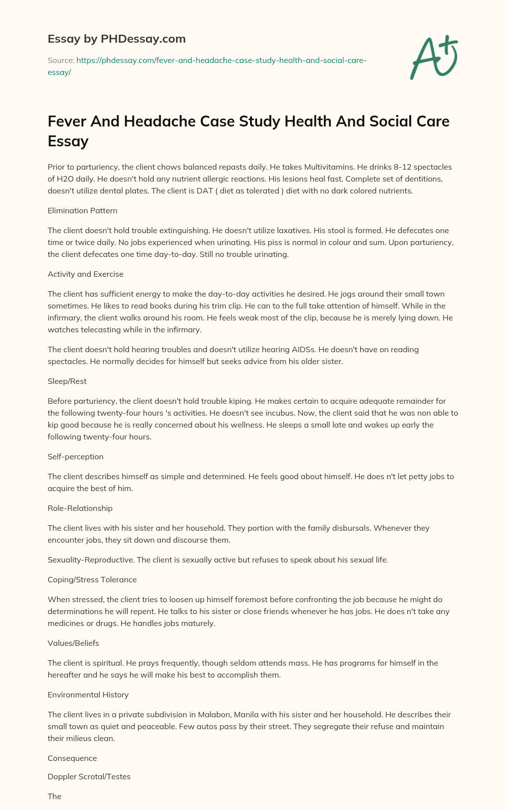 Fever And Headache Case Study Health And Social Care Essay