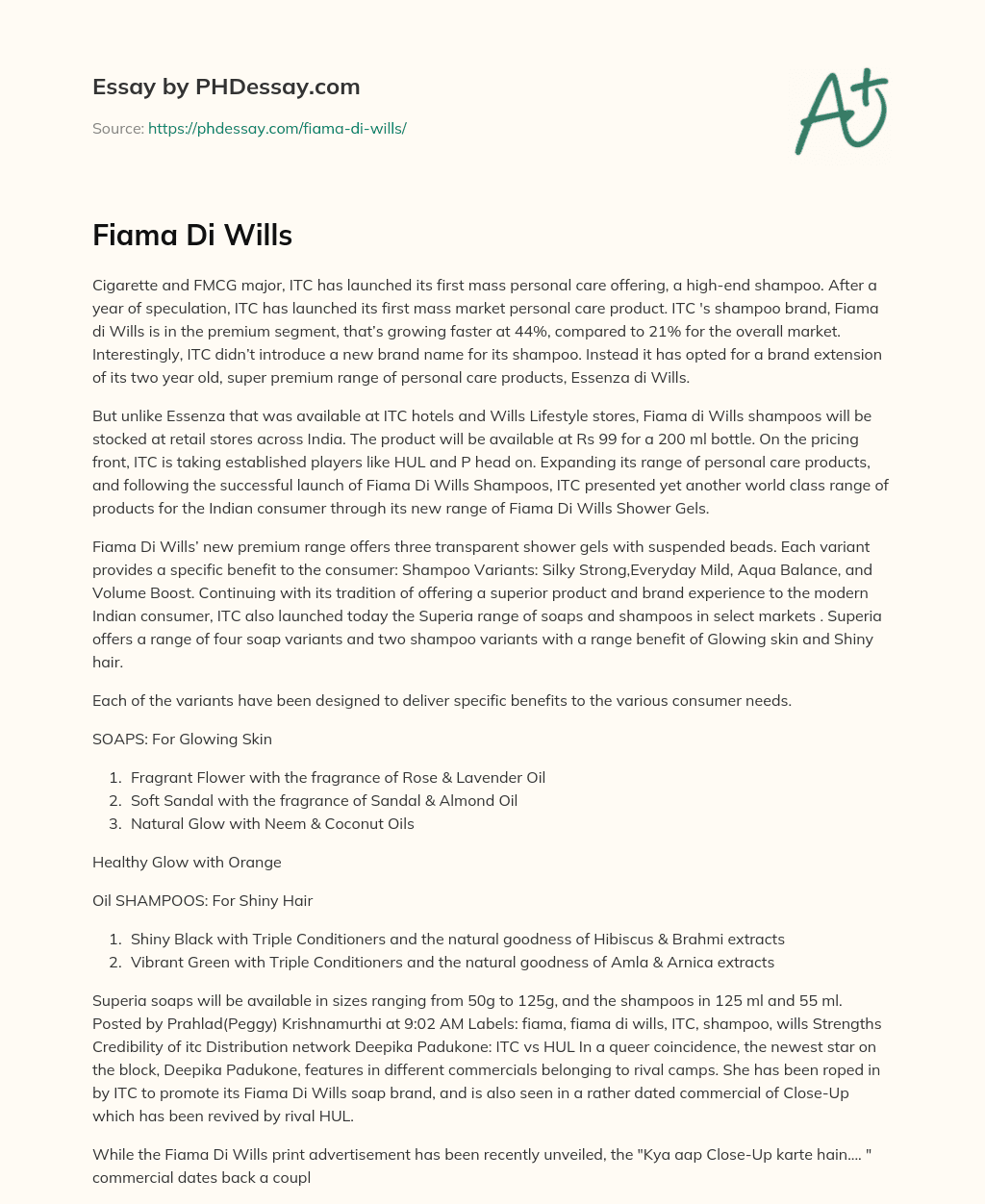 Fiama Di Wills essay