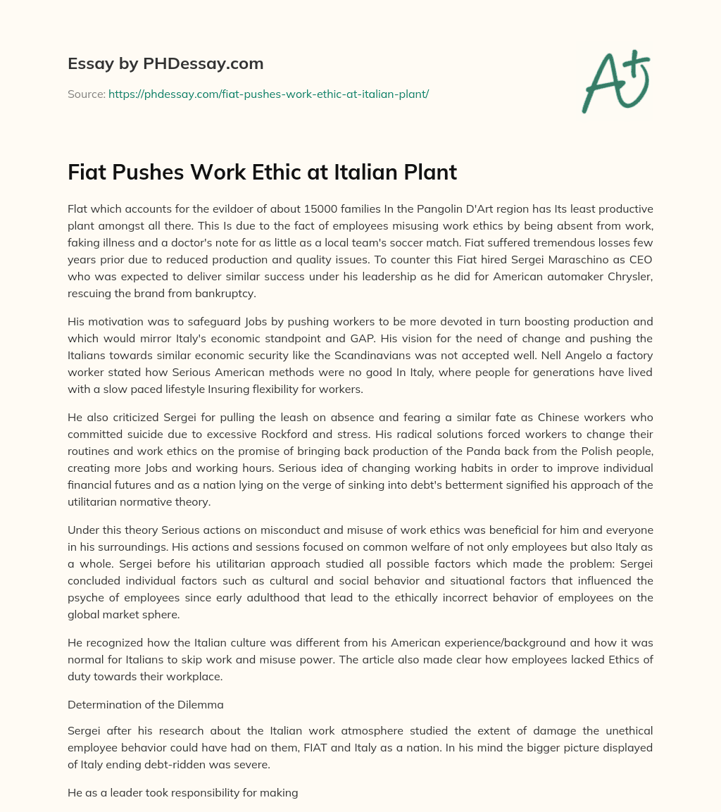 Fiat Pushes Work Ethic at Italian Plant essay
