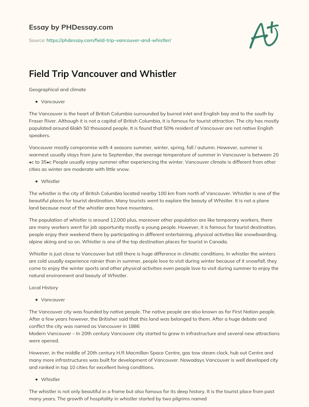 Field Trip Vancouver and Whistler essay