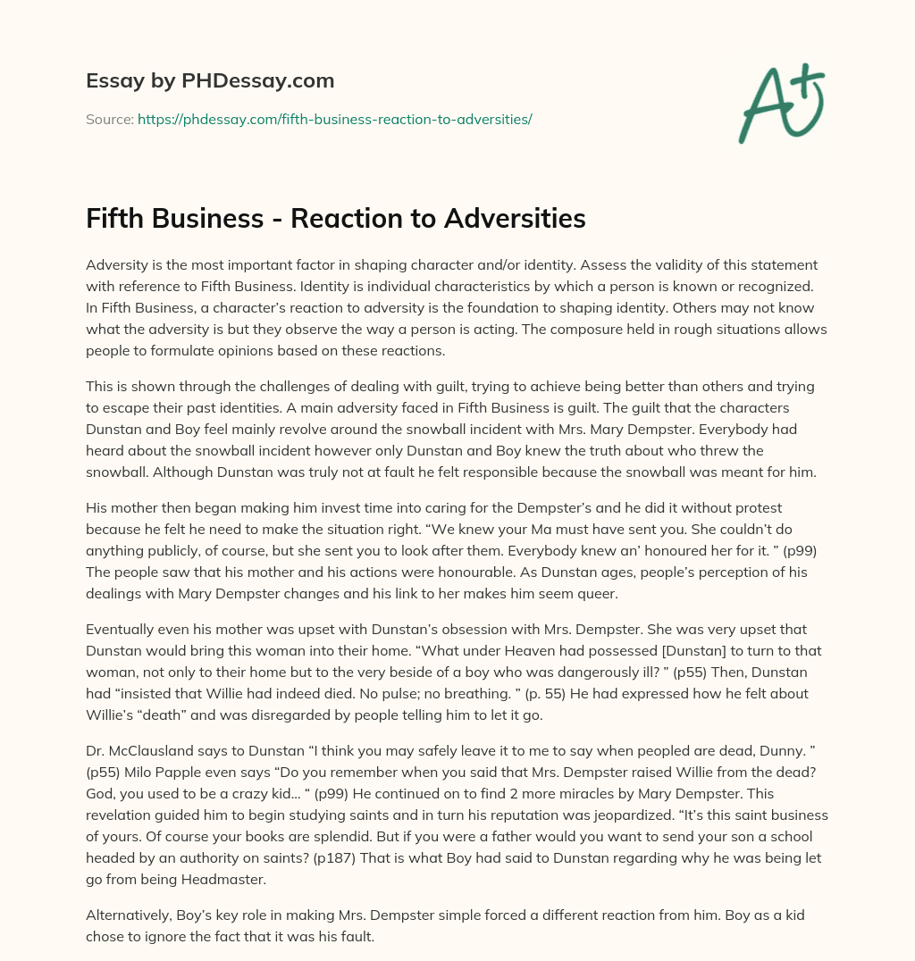 Fifth Business – Reaction to Adversities essay
