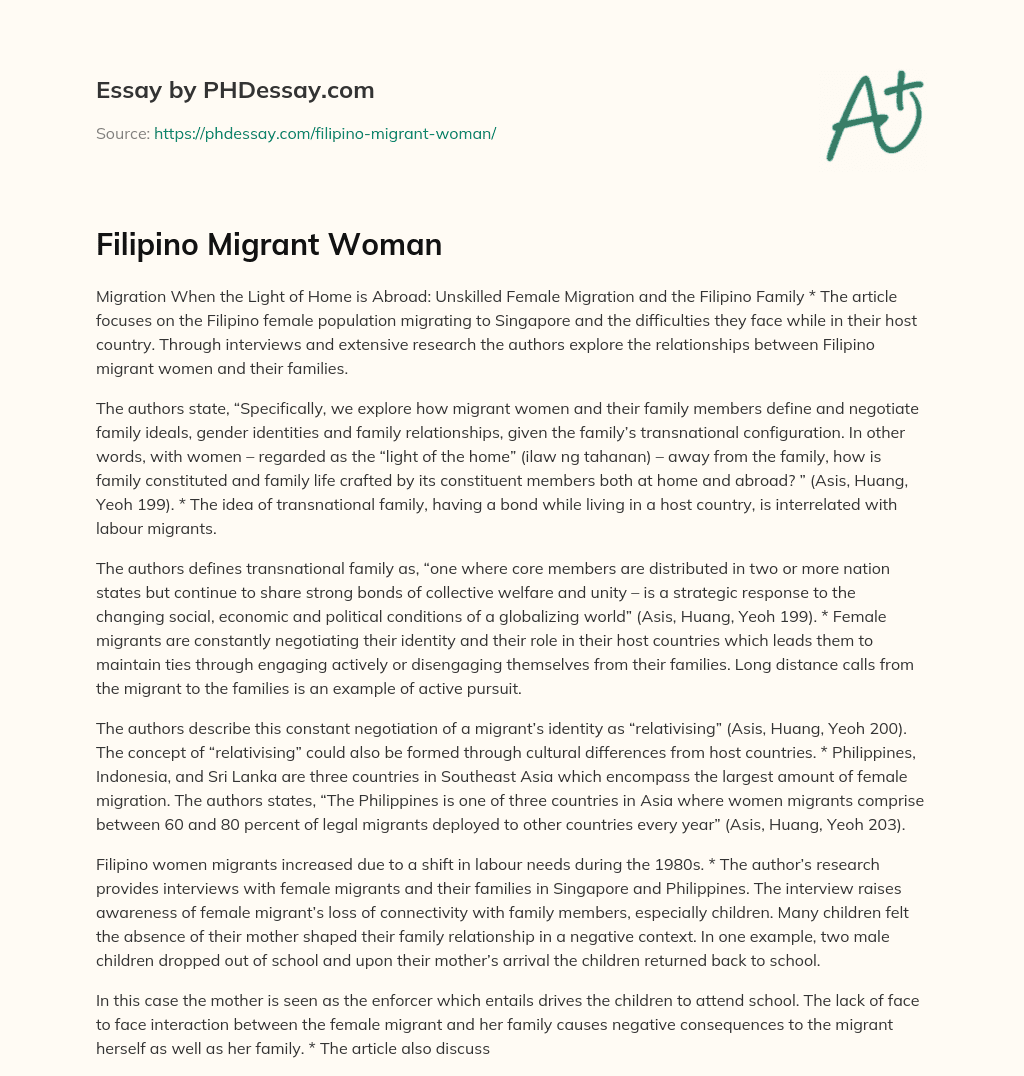 Filipino Migrant Woman essay