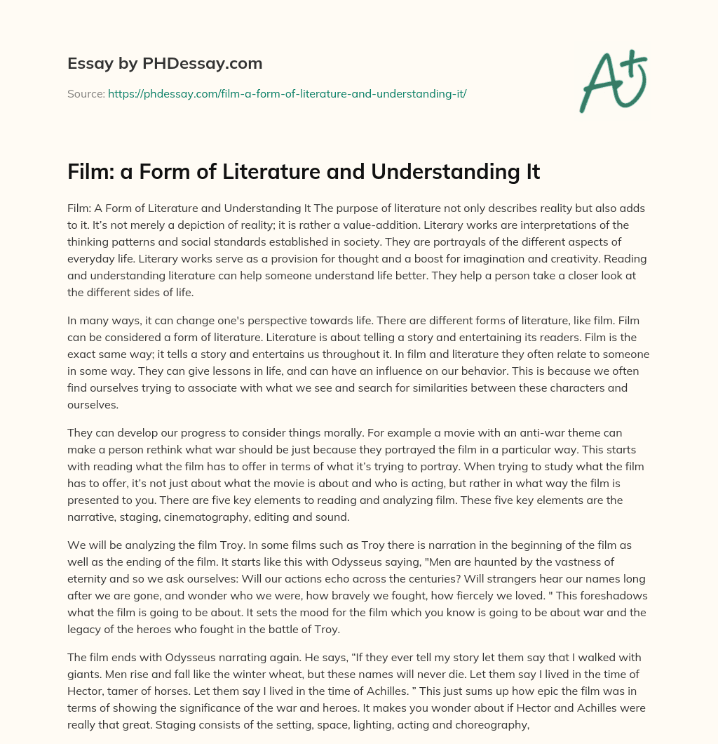 Film: a Form of Literature and Understanding It essay