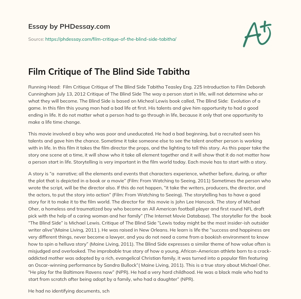 Film Critique of The Blind Side Tabitha essay