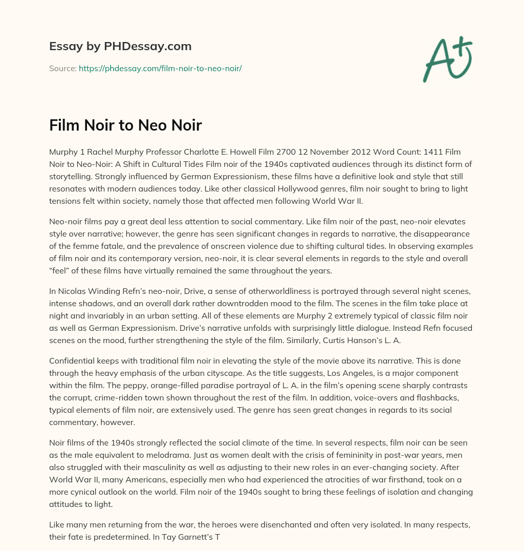 Film Noir to Neo Noir essay