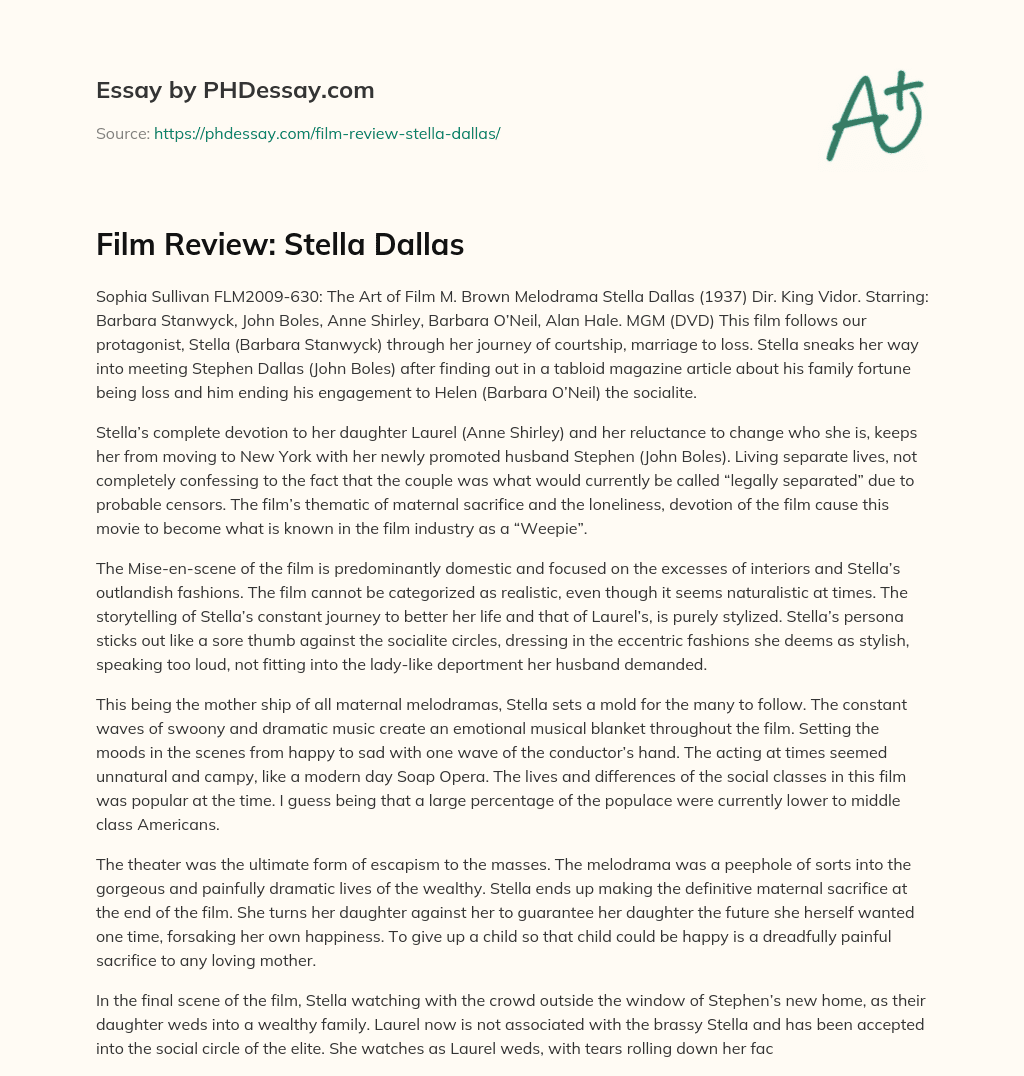 Film Review: Stella Dallas essay