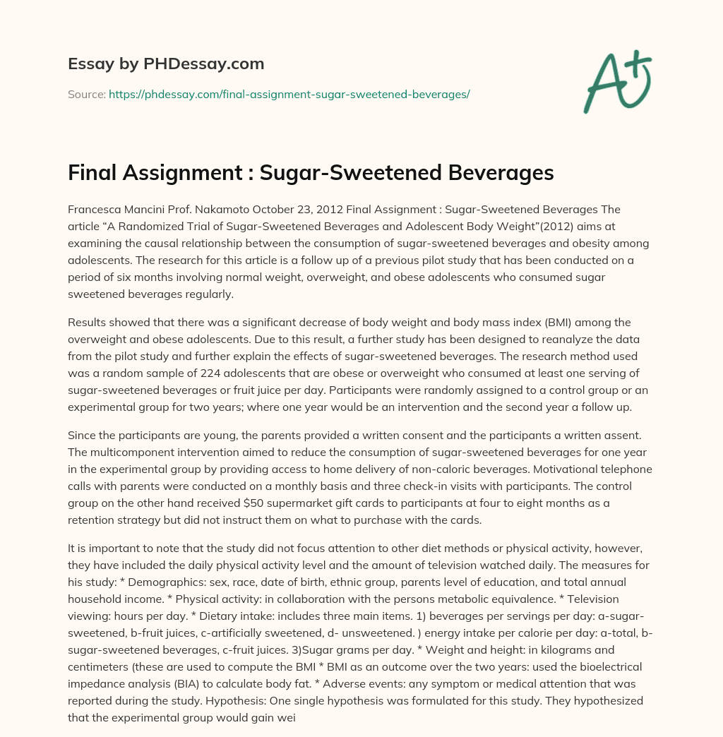 Final Assignment : Sugar-Sweetened Beverages essay