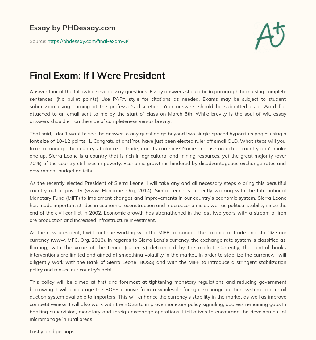 Final Exam: If I Were President essay