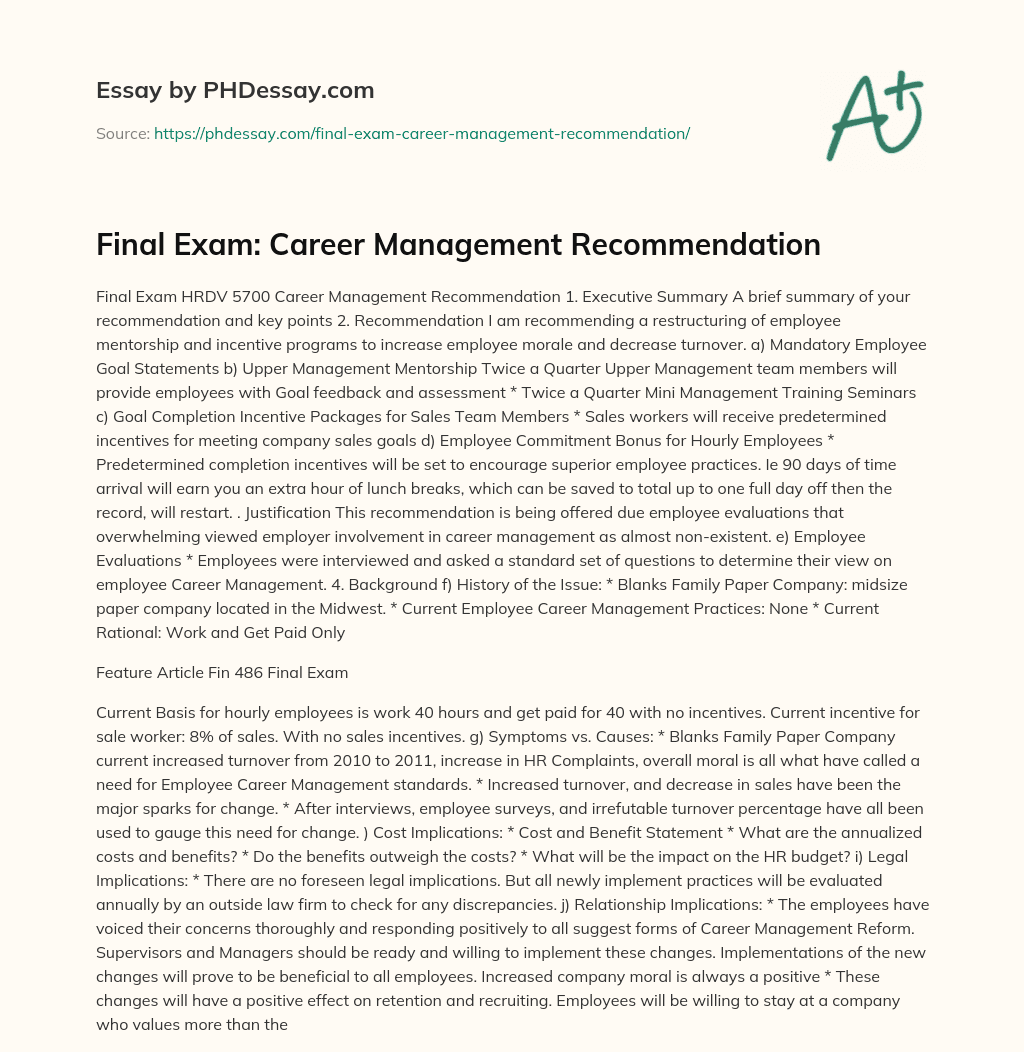 Final Exam: Career Management Recommendation essay