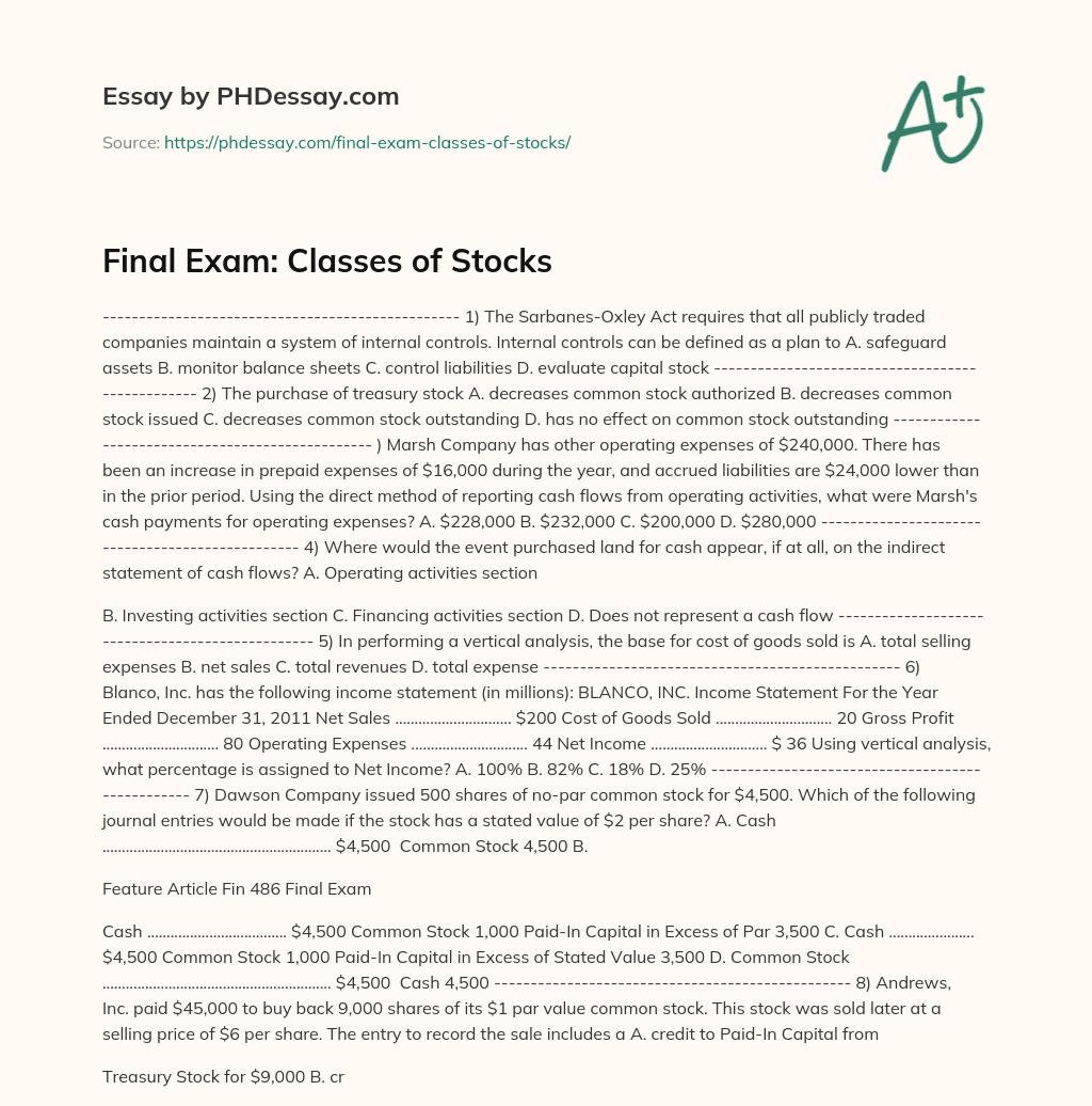 Final Exam: Classes of Stocks essay