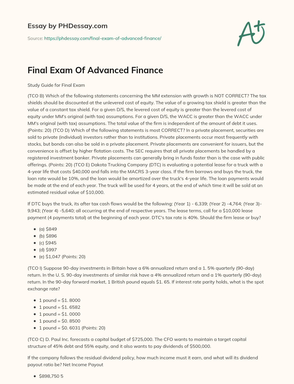 Final Exam Of Advanced Finance essay