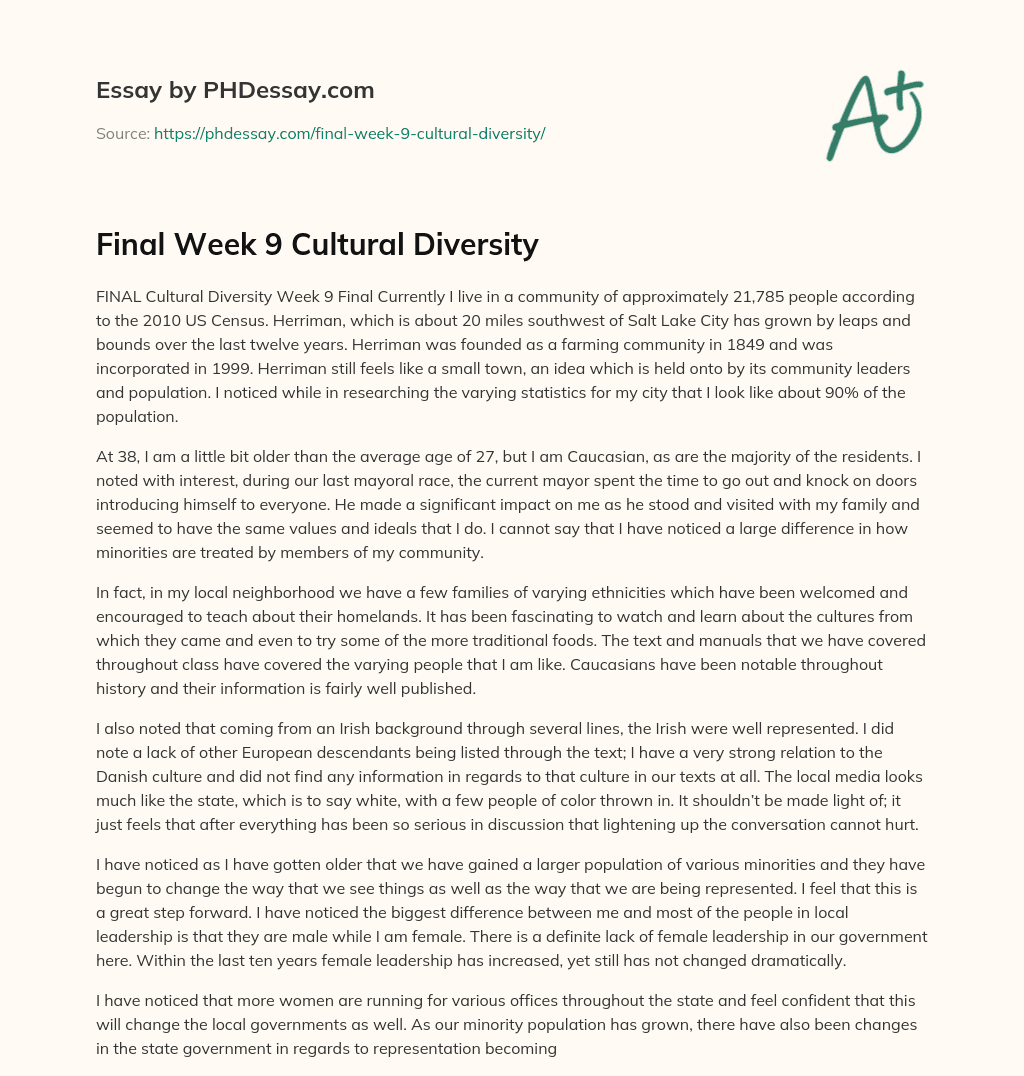 Final Week 9 Cultural Diversity essay