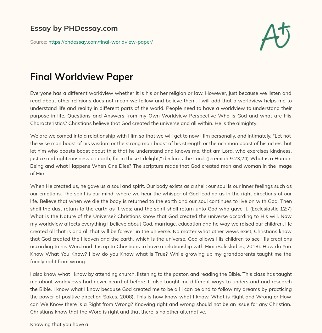 Final Worldview Paper essay