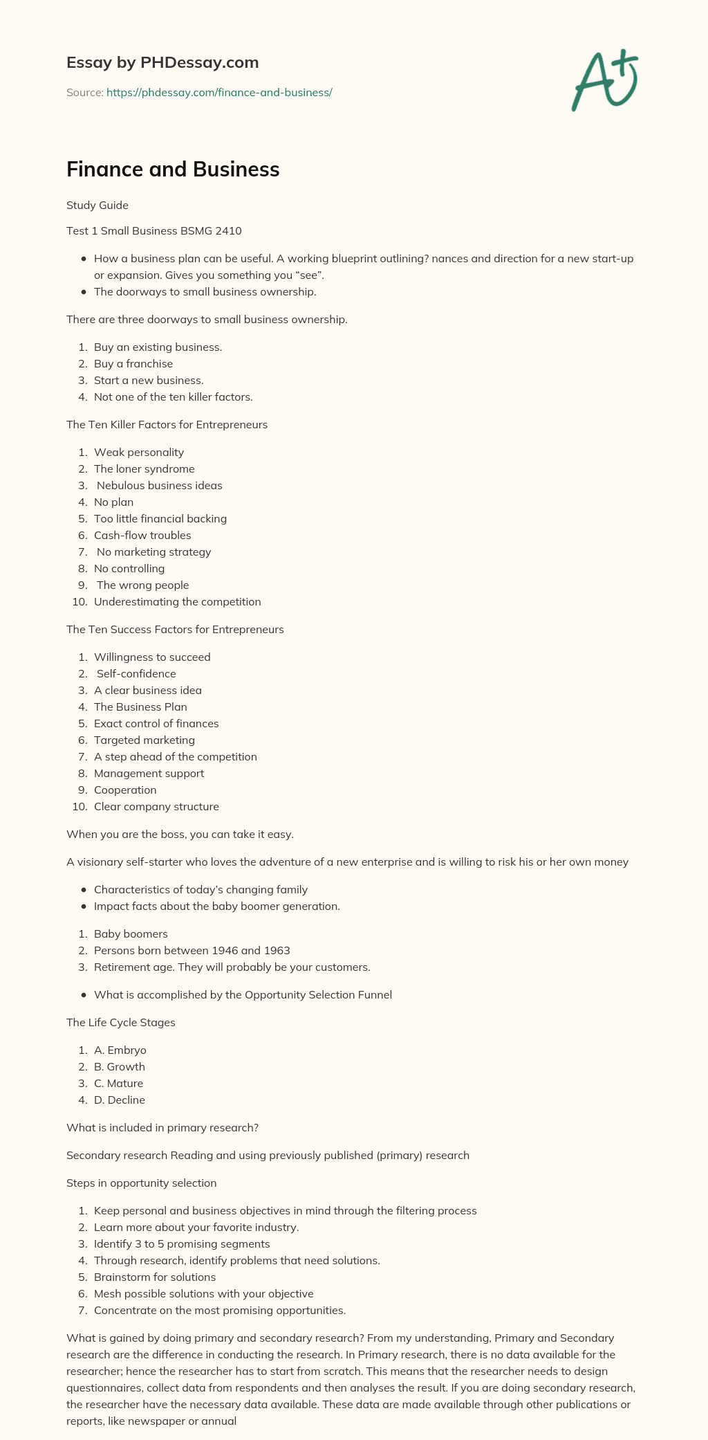 Finance and Business essay