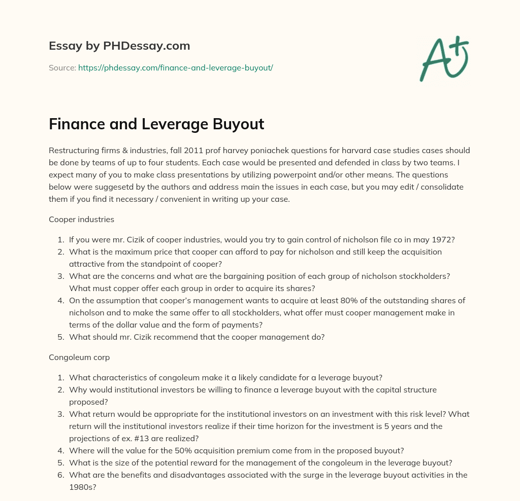 Finance and Leverage Buyout essay