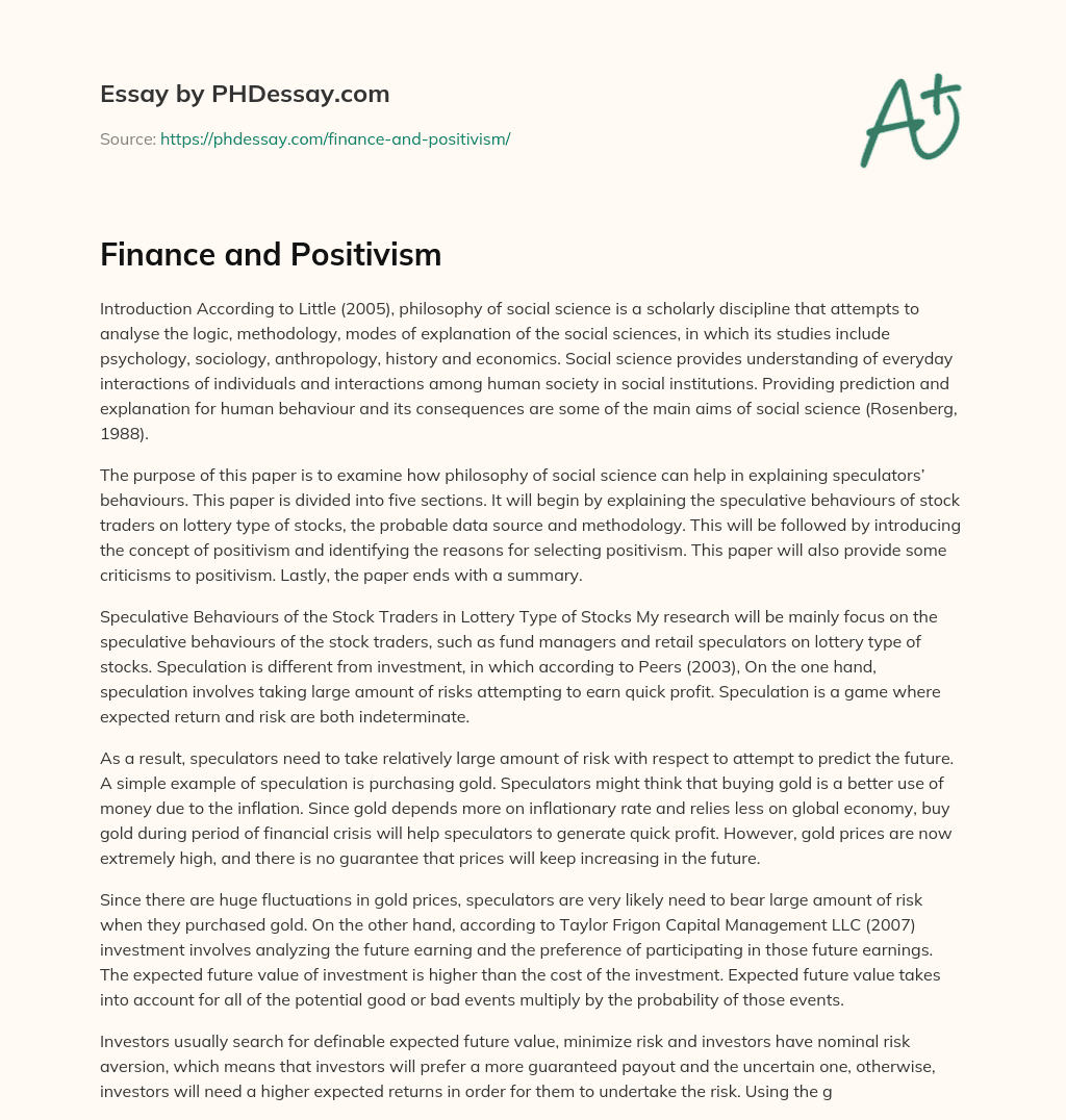 Finance and Positivism essay