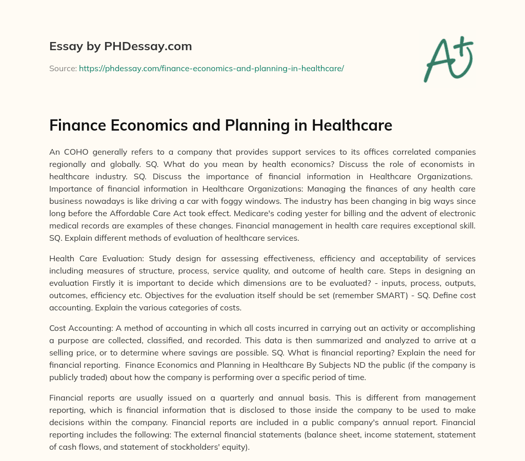 Finance Economics and Planning in Healthcare essay
