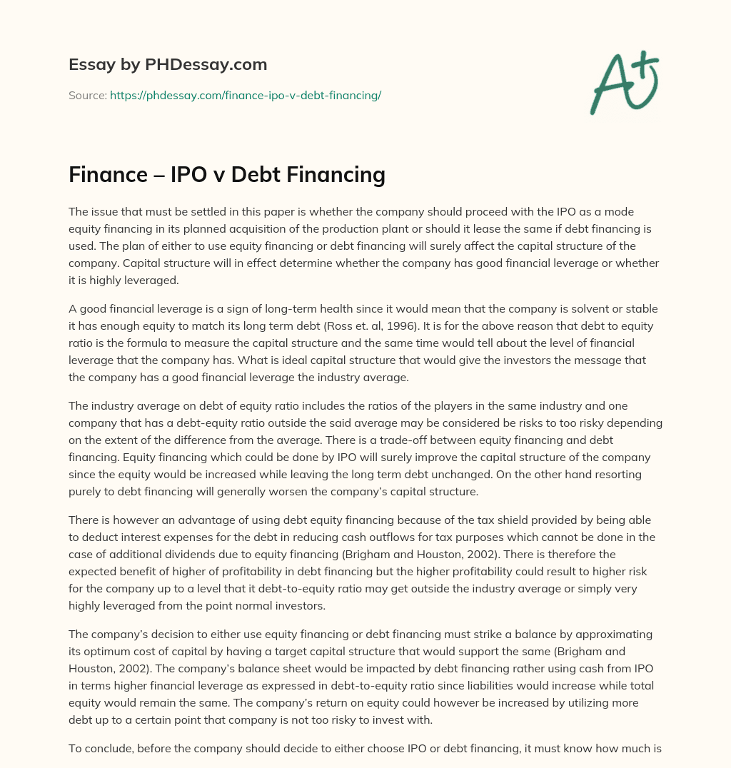 Finance – IPO v Debt Financing essay
