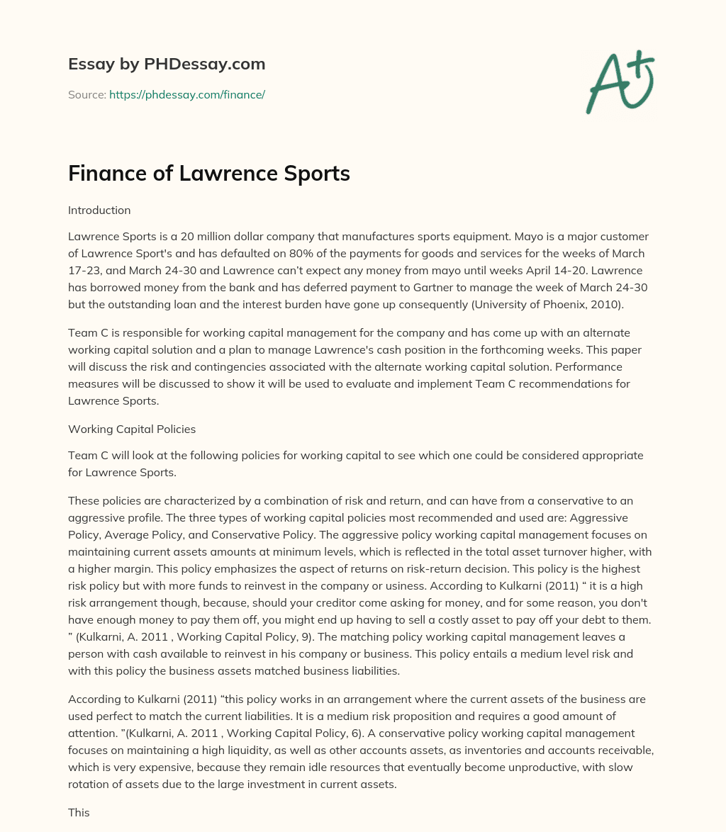 Finance of Lawrence Sports essay