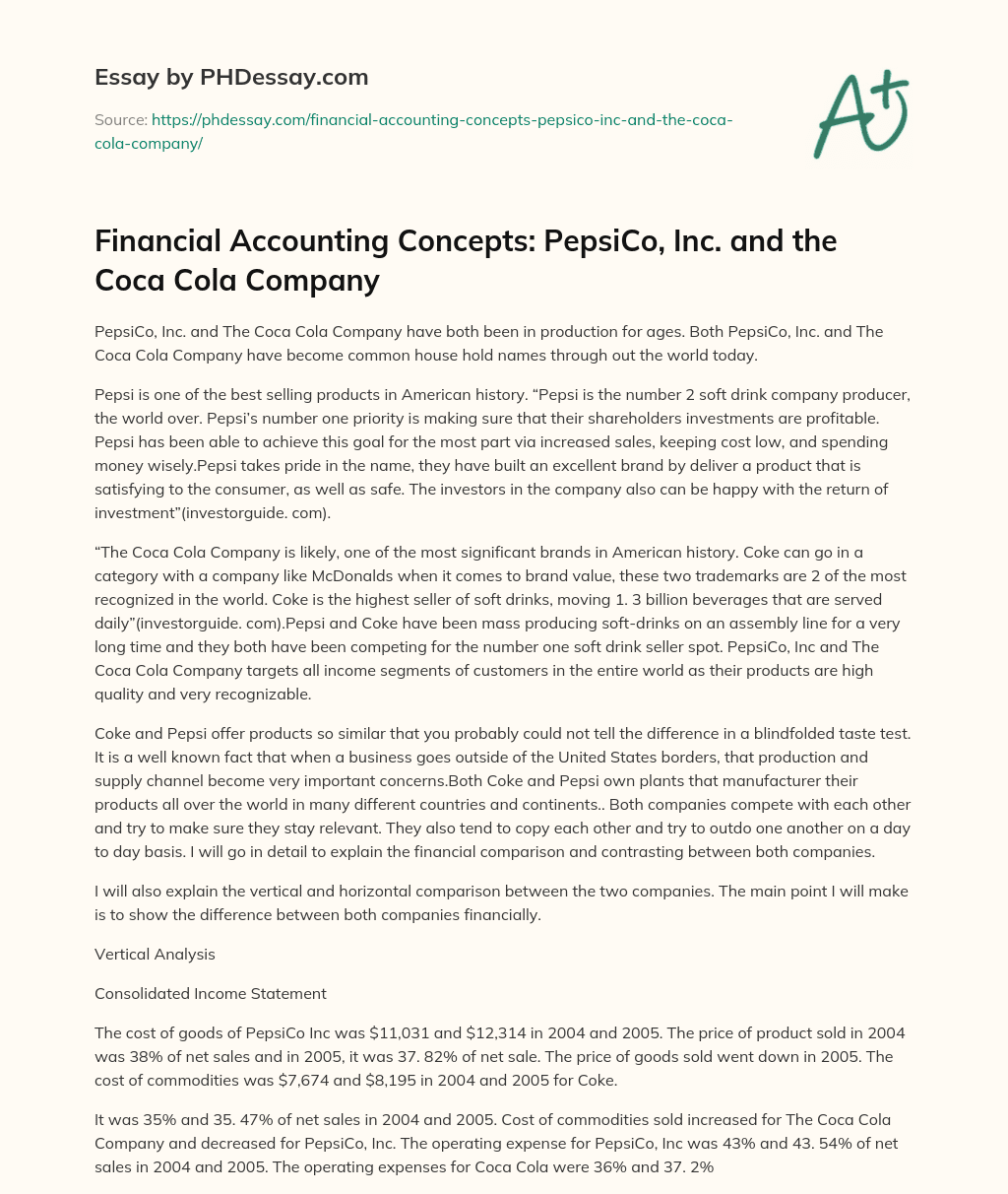 Financial Accounting Concepts: PepsiCo, Inc. and the Coca Cola Company essay