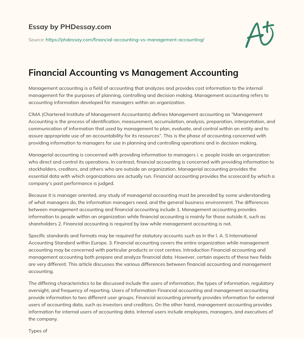 Financial Accounting Vs Management Accounting Essay Example - PHDessay.com