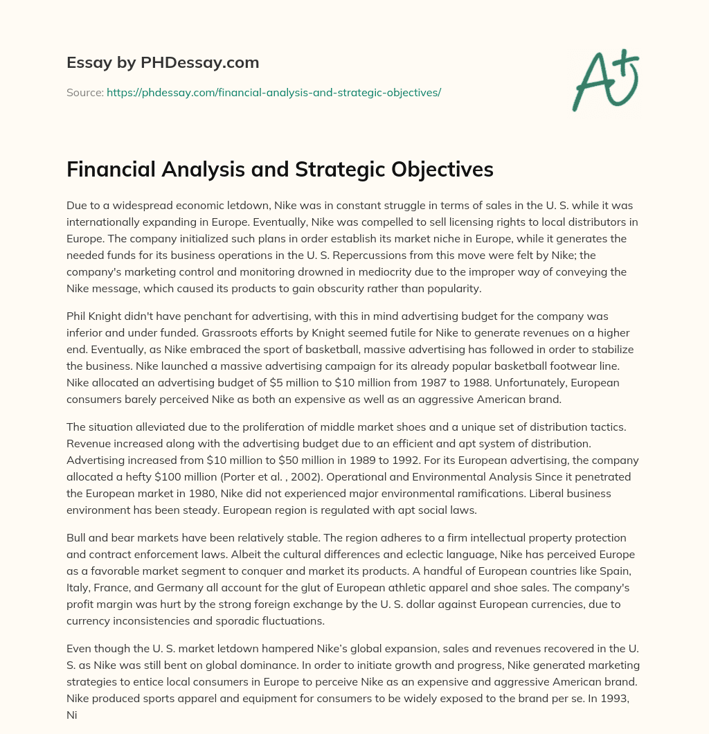 Financial Analysis and Strategic Objectives essay