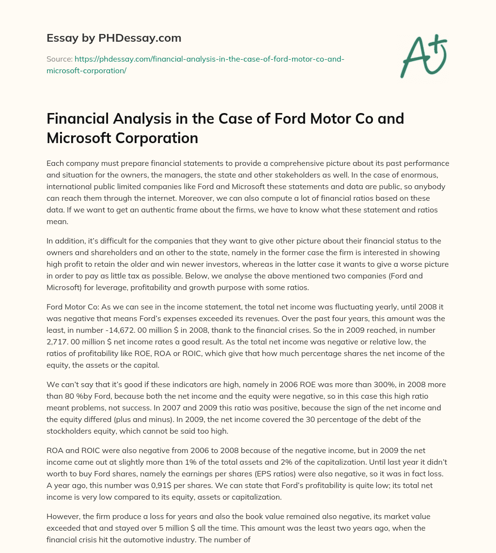 Financial Analysis in the Case of Ford Motor Co and Microsoft Corporation essay
