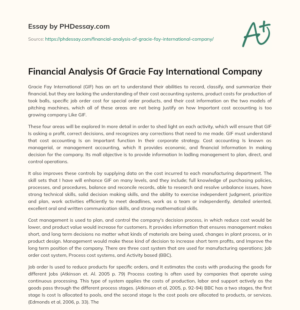 Financial Analysis Of Gracie Fay International Company essay