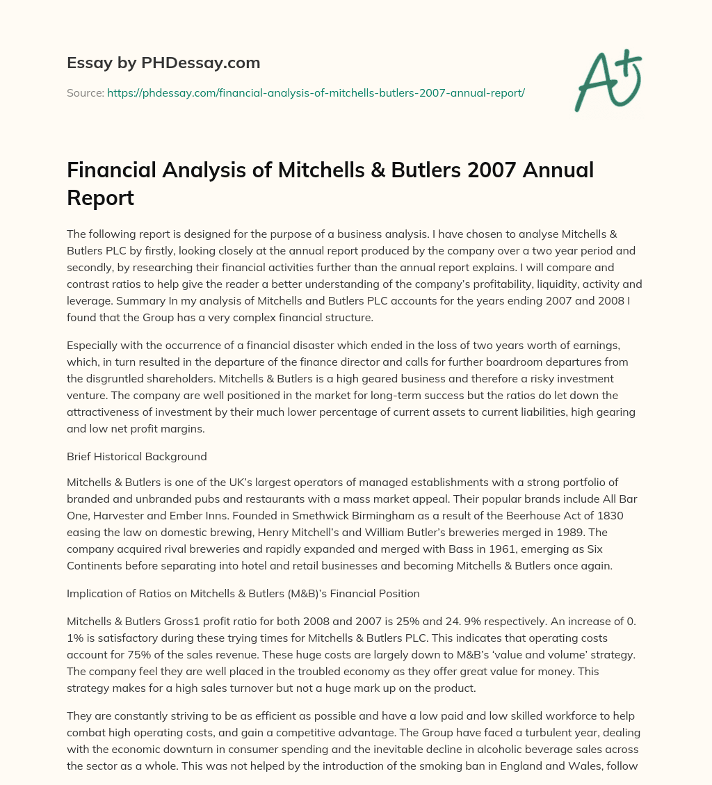 Financial Analysis of Mitchells & Butlers 2007 Annual Report essay